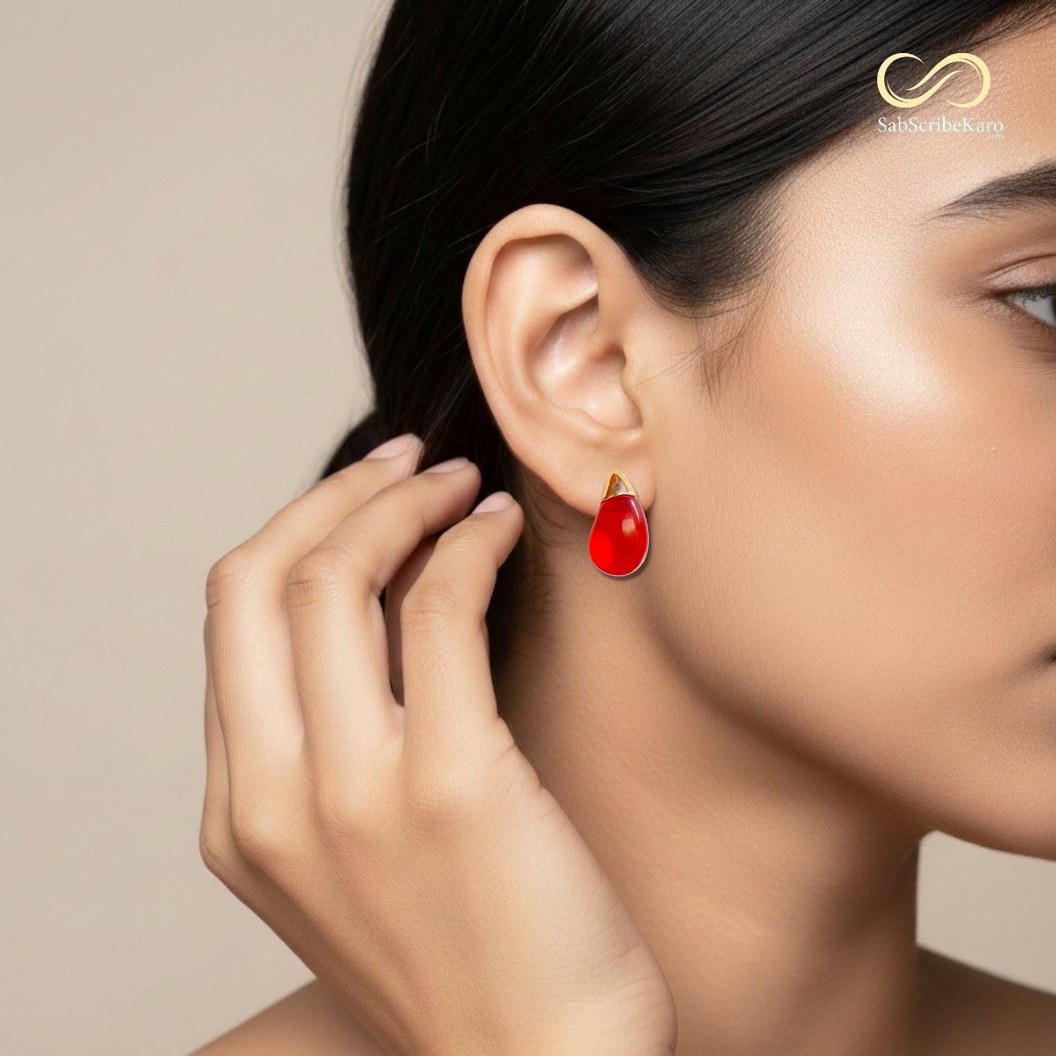 Minimalist Red Teardrop Stud Earrings - Image 2
