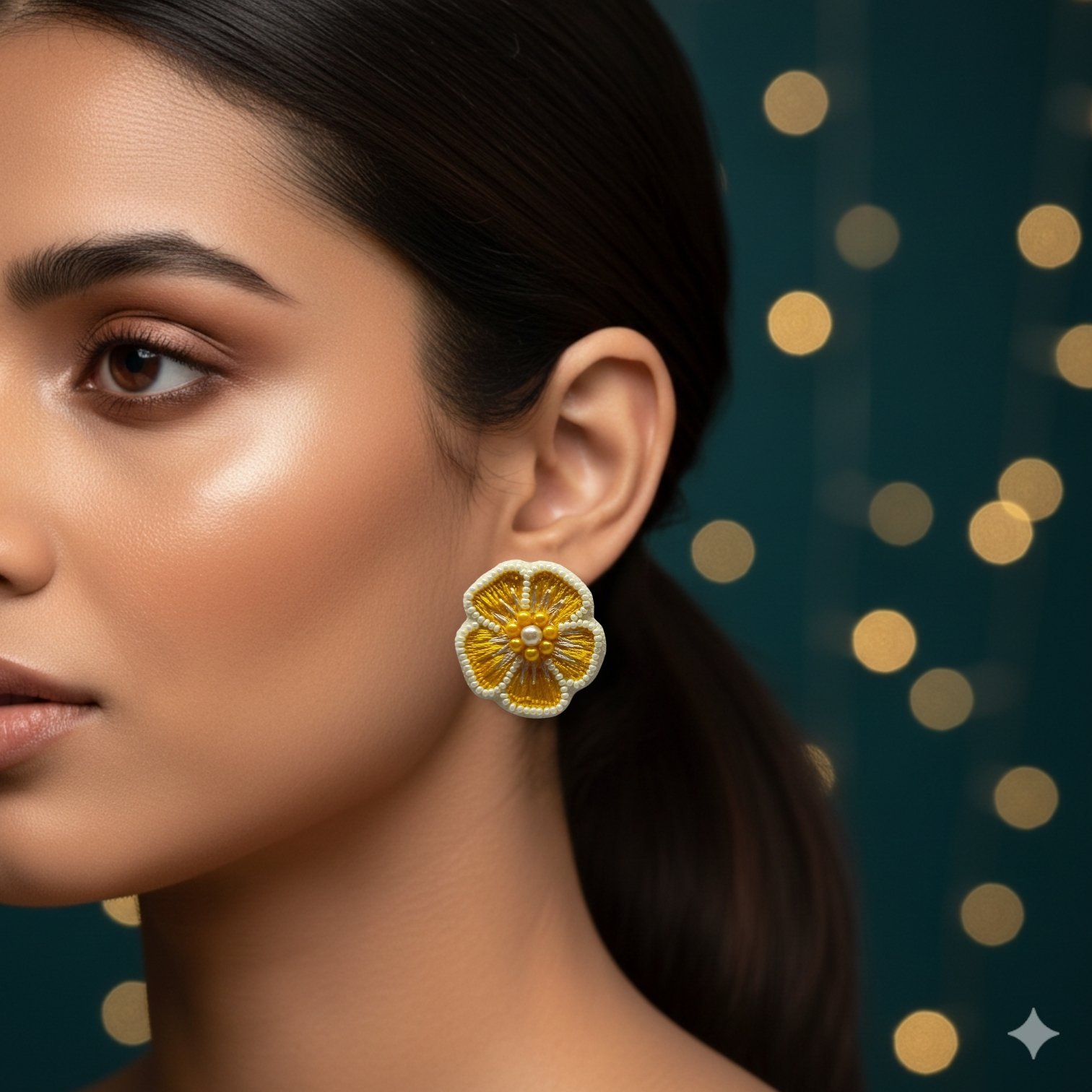 Hand-Embroidered Yellow and White Flower Stud Earrings - Image 2