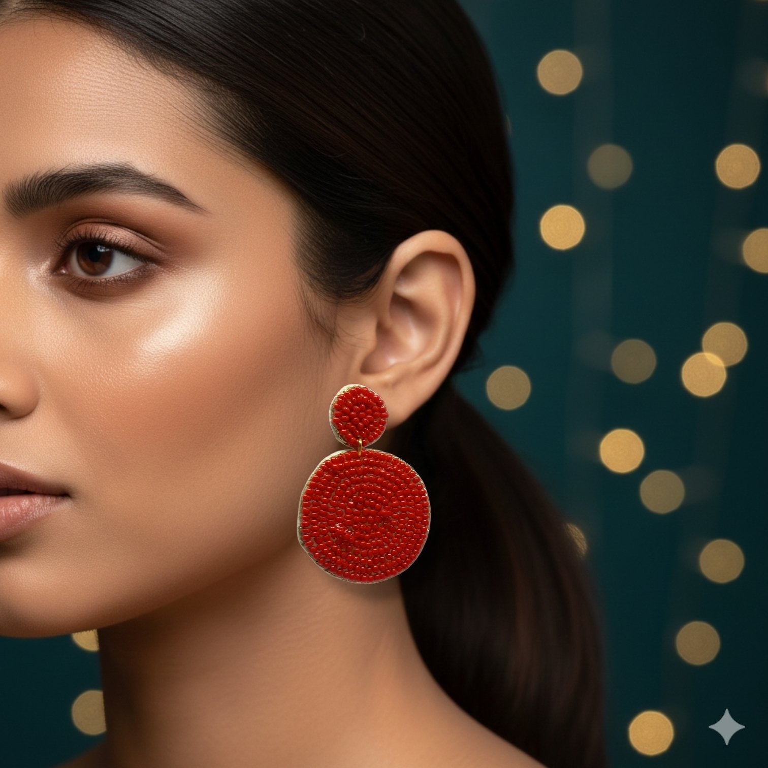 Beaded Red Circular Dangler Earrings - Image 2