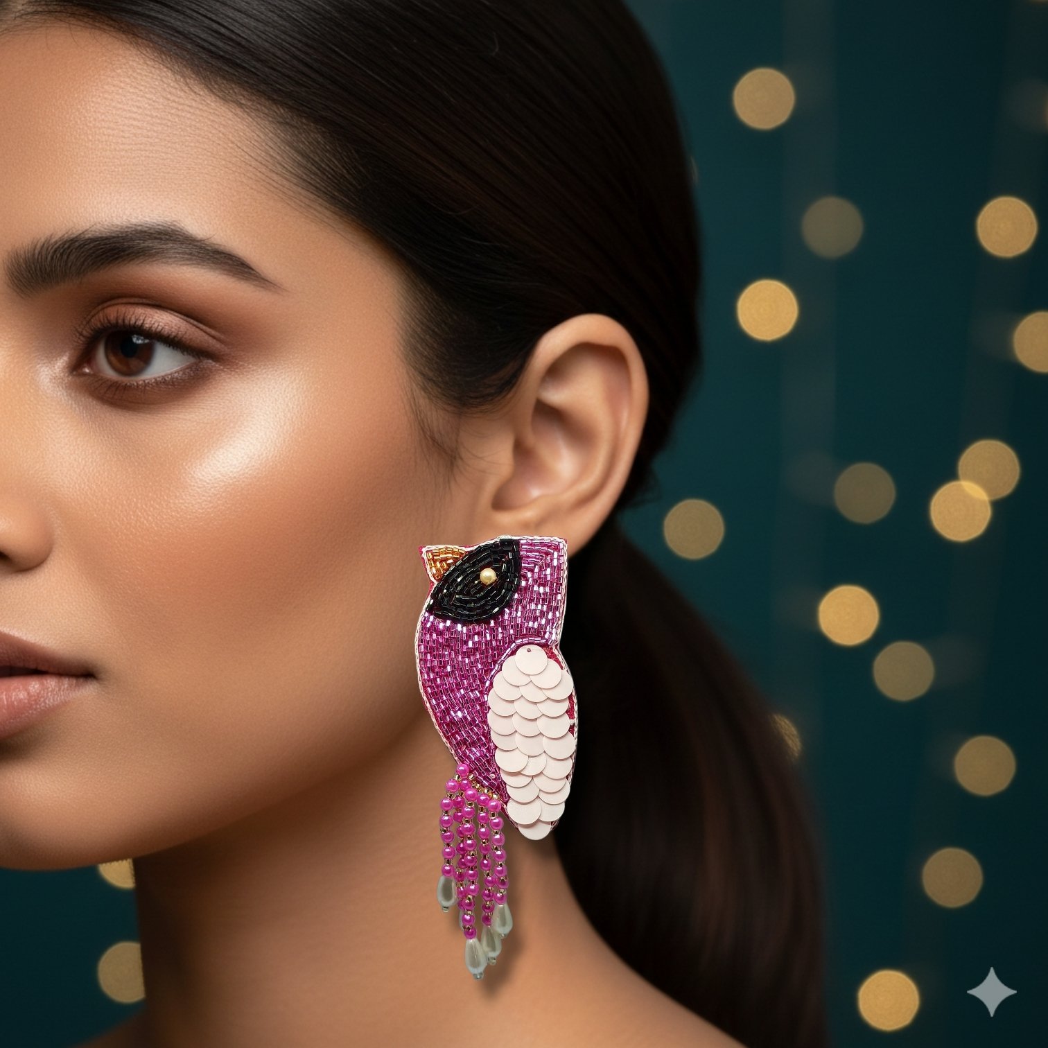 Pink Sequin and Beaded Bird Dangler Earrings - Image 2