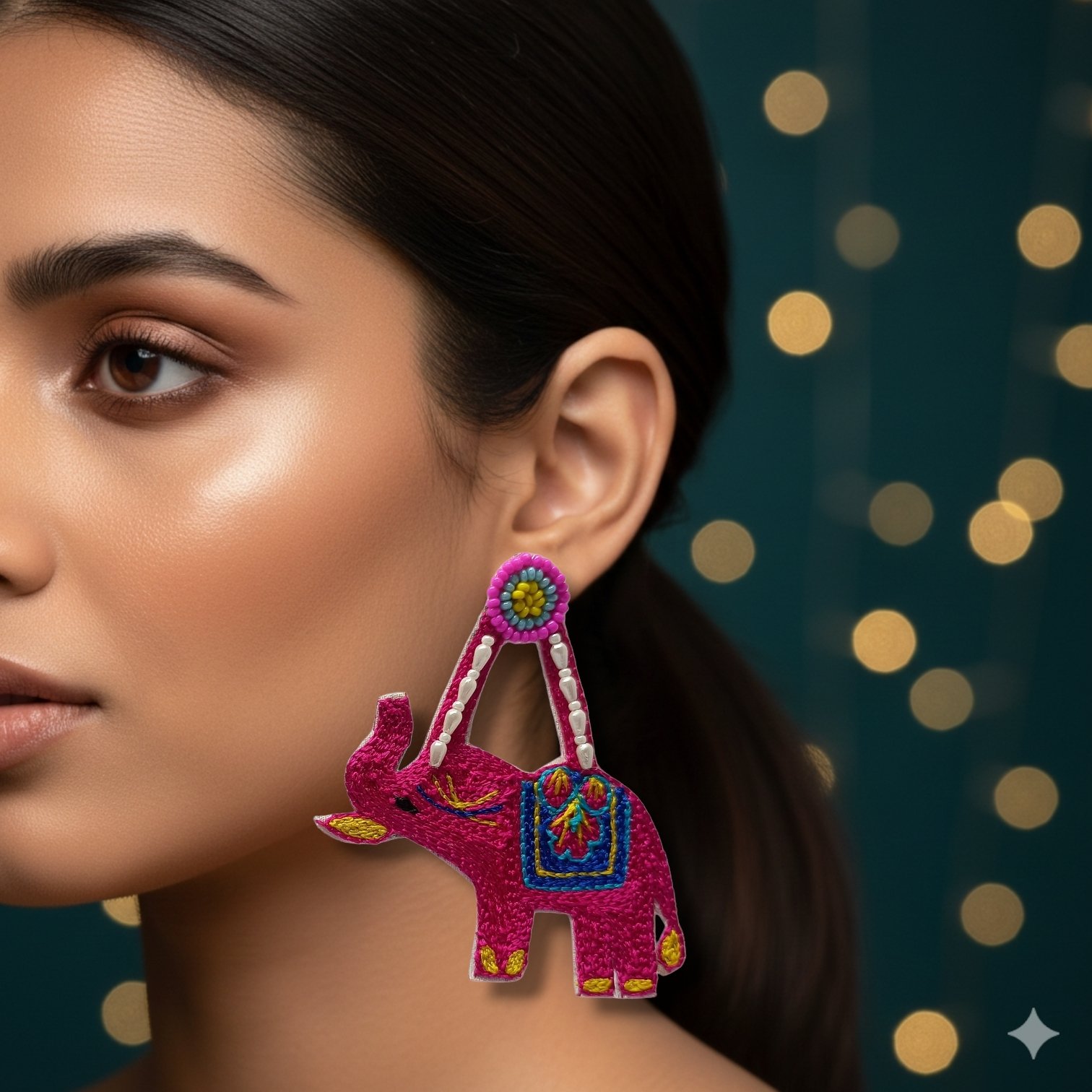 Pink Embroidered Elephant Dangler Earrings - Image 2