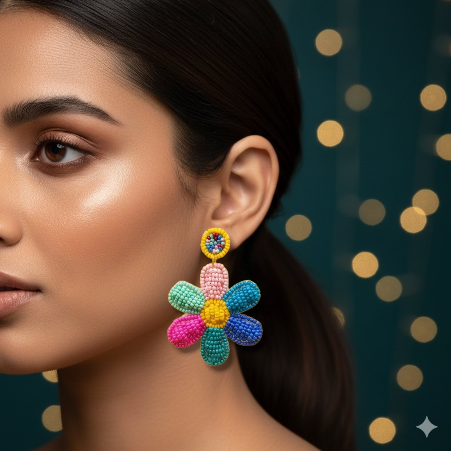 Multicolour Beaded Floral Dangler Earrings - Image 2