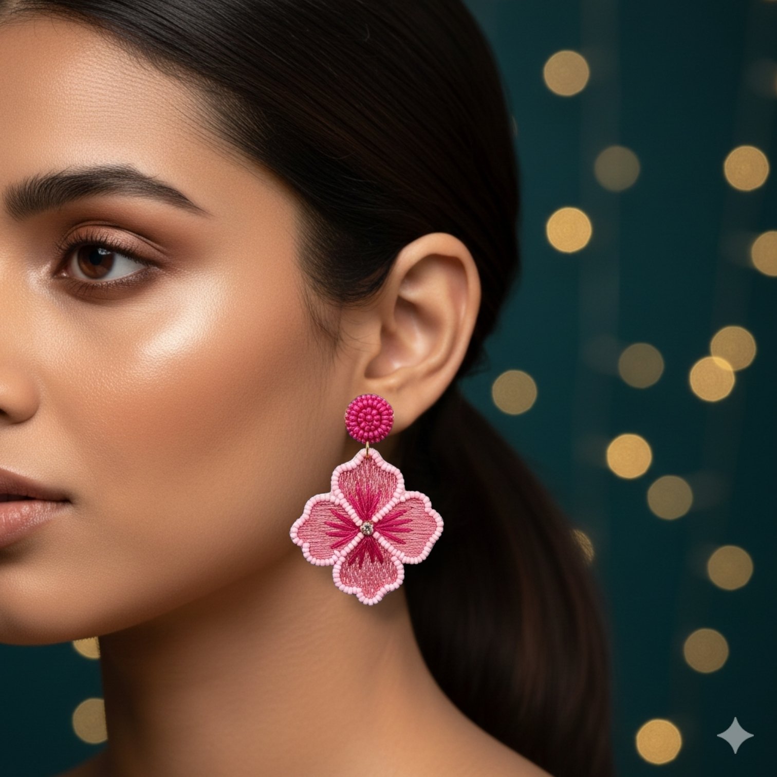 Pink Beaded and Embroidered Flower Dangler Earrings - Image 2