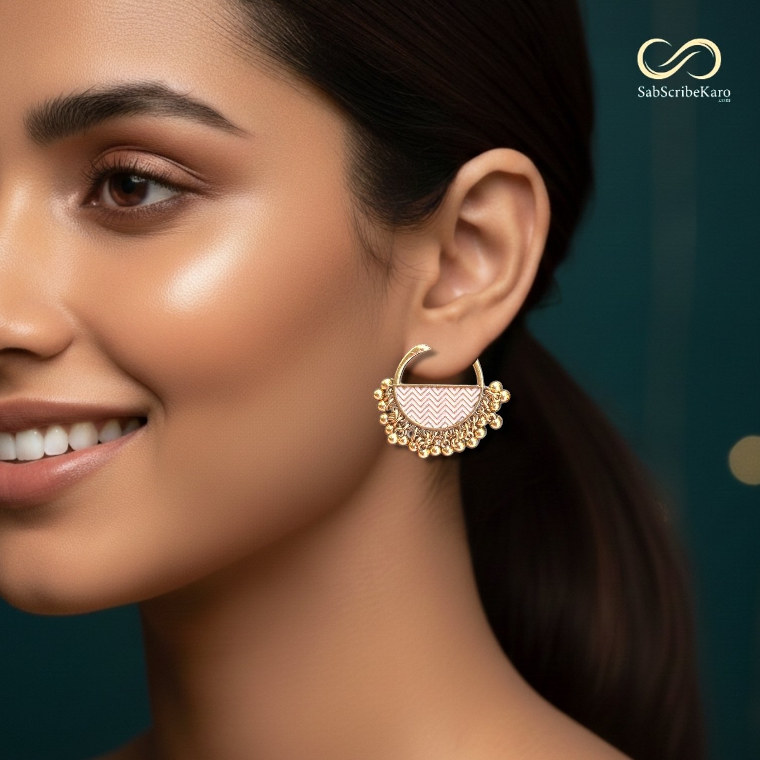 Gold Tone Chevron Meenakari Jhumki Hoop - Image 2