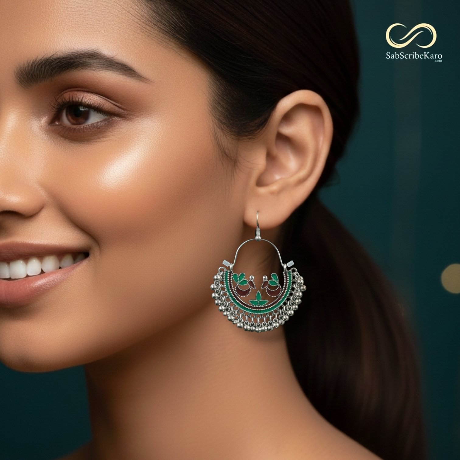 Oxidized Bird and Meenakari Ghoonghroo Hoop - Image 2