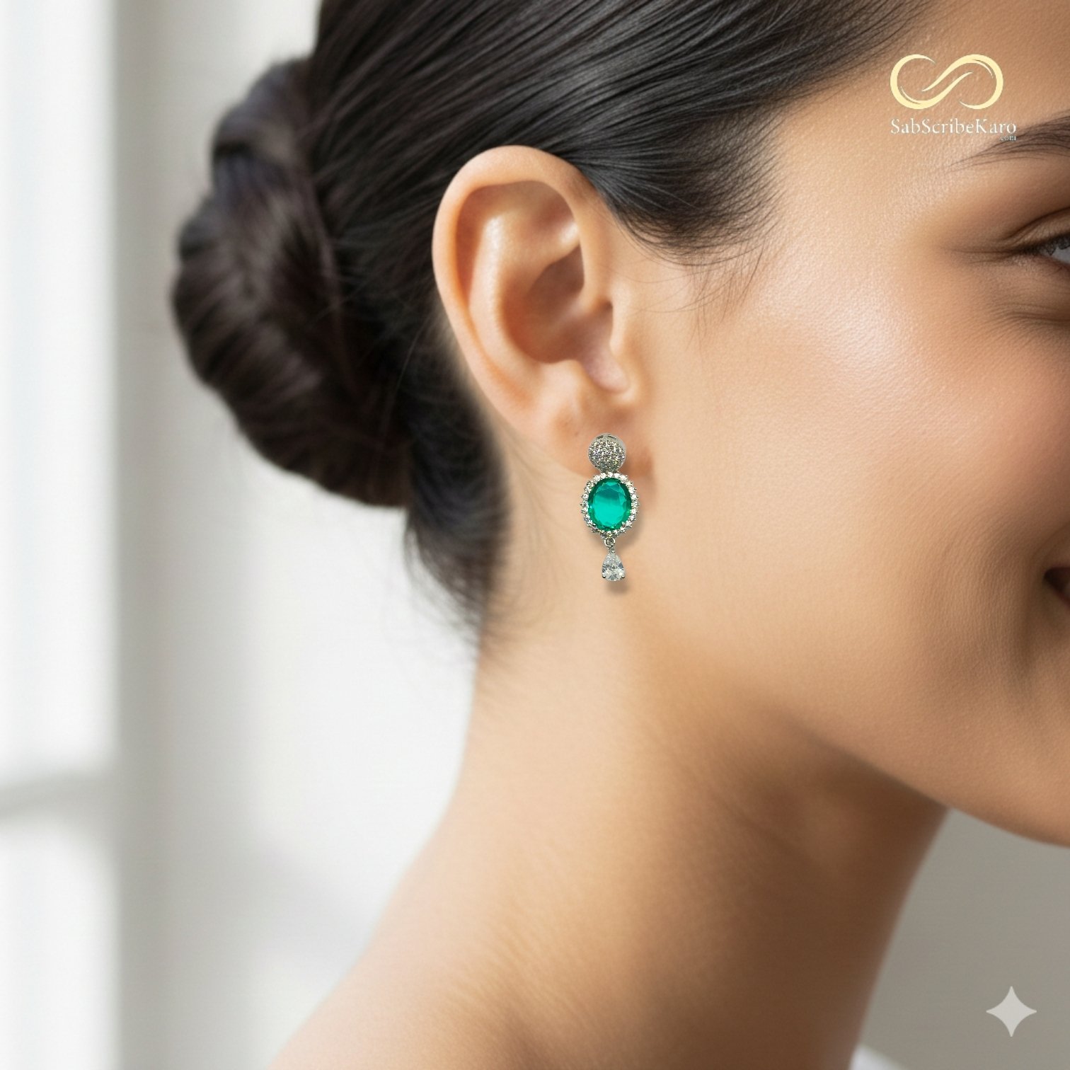 Silver Oval Green Stone Drop Earrings - Image 2