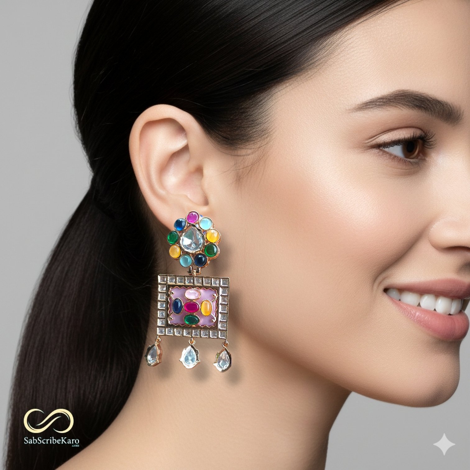 Geometric and Gilded Kundan Dangler Earrings  - Image 2