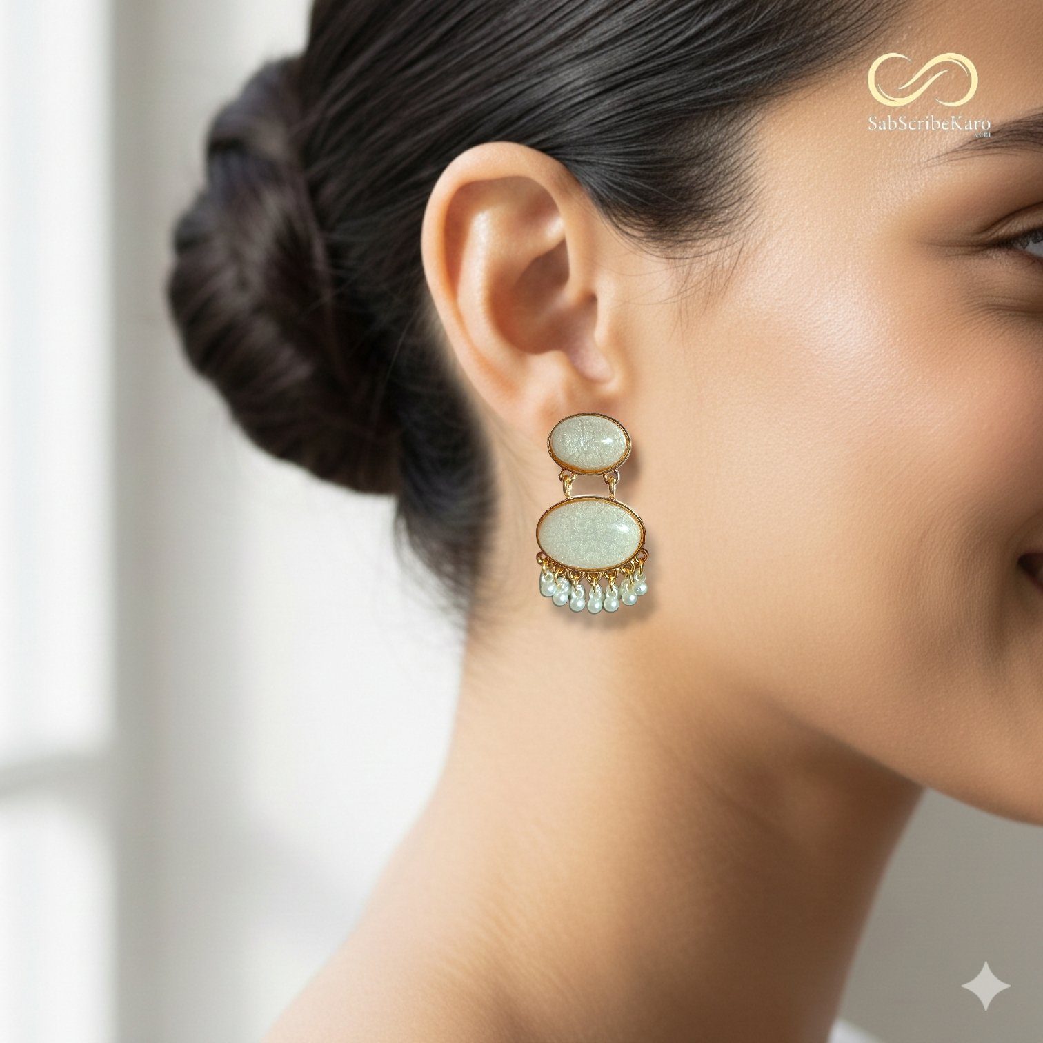 Classic Glitter with Cracked Stone Danglers - White - Image 2