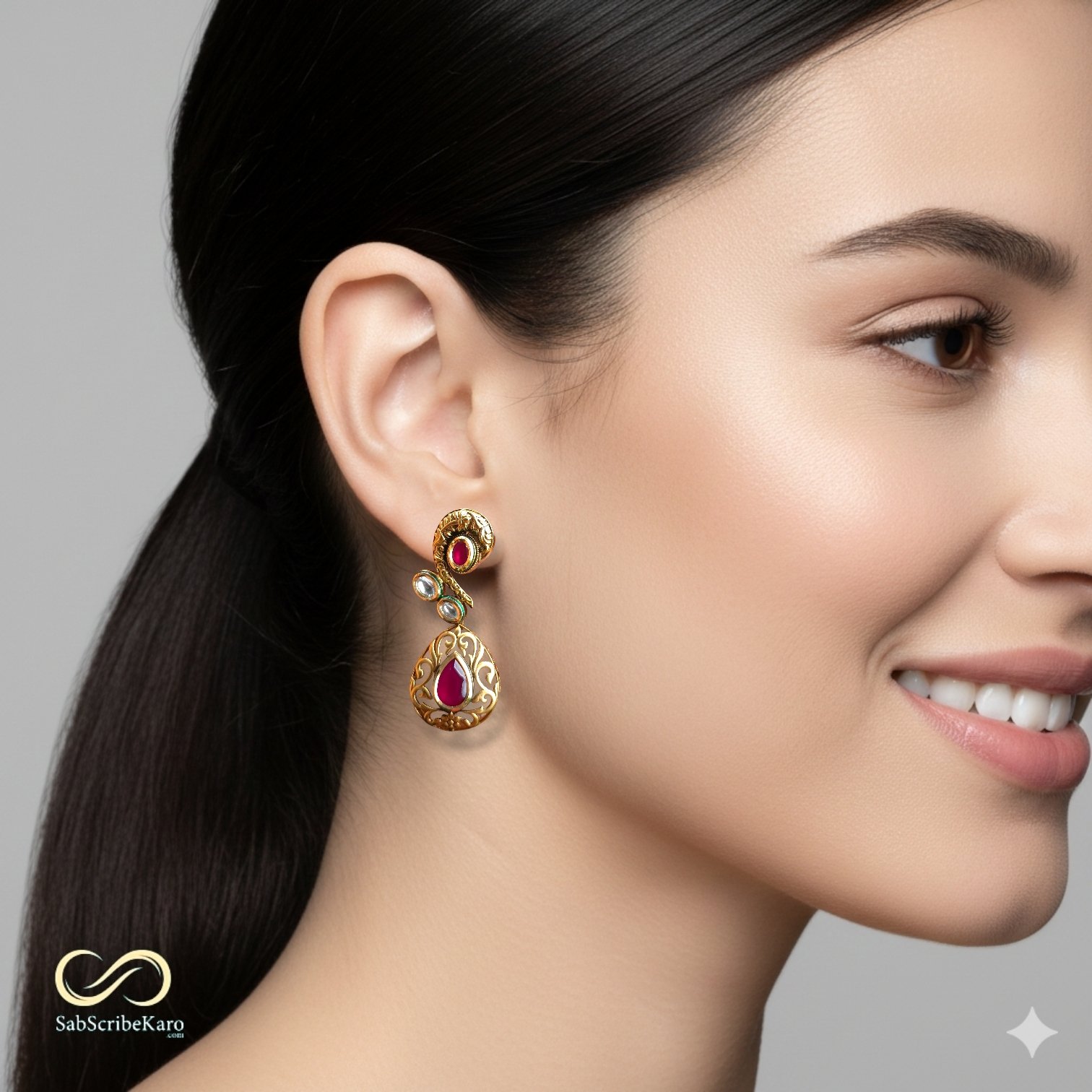 Elegant Ruby & Kundan Drop Earrings - Image 2