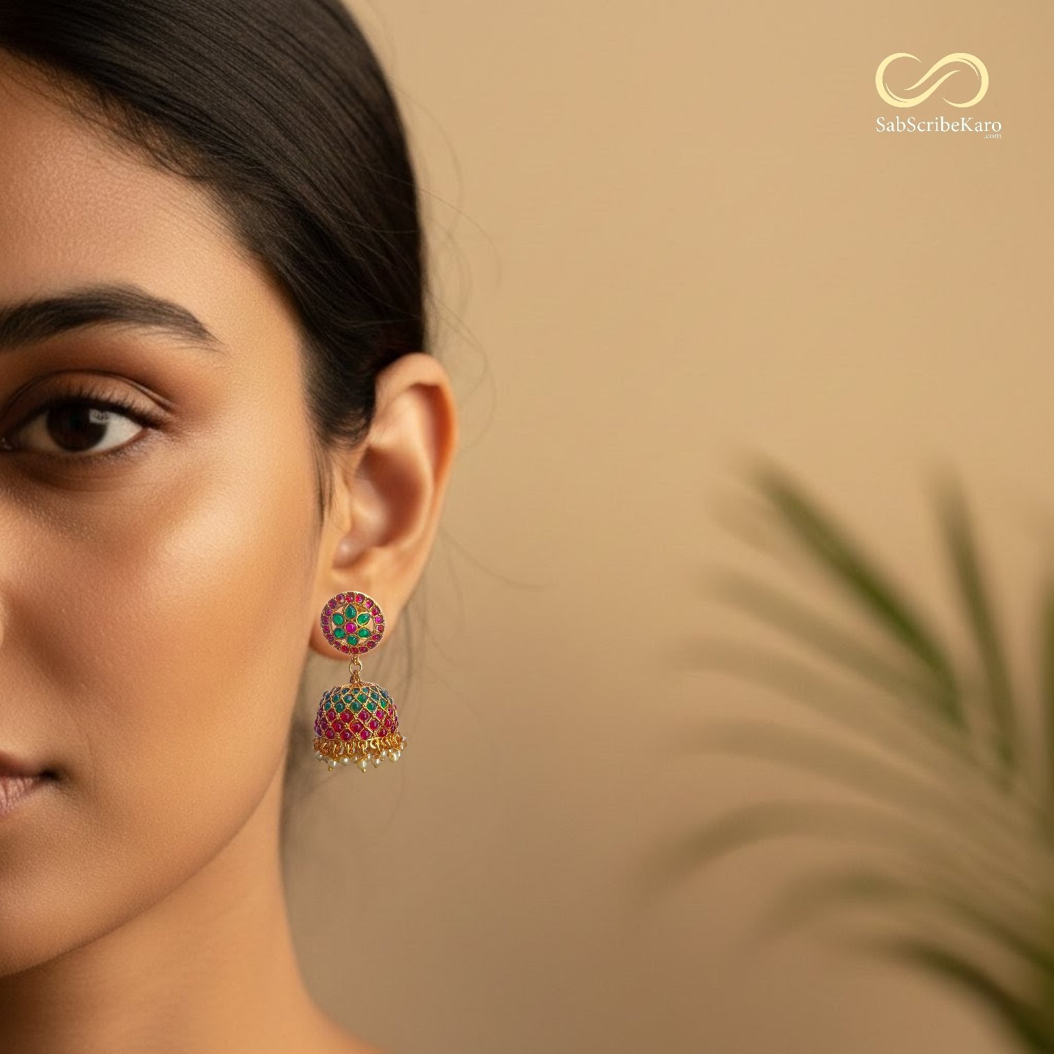 Ruby Emerald Stone Grid Jhumka - Image 2