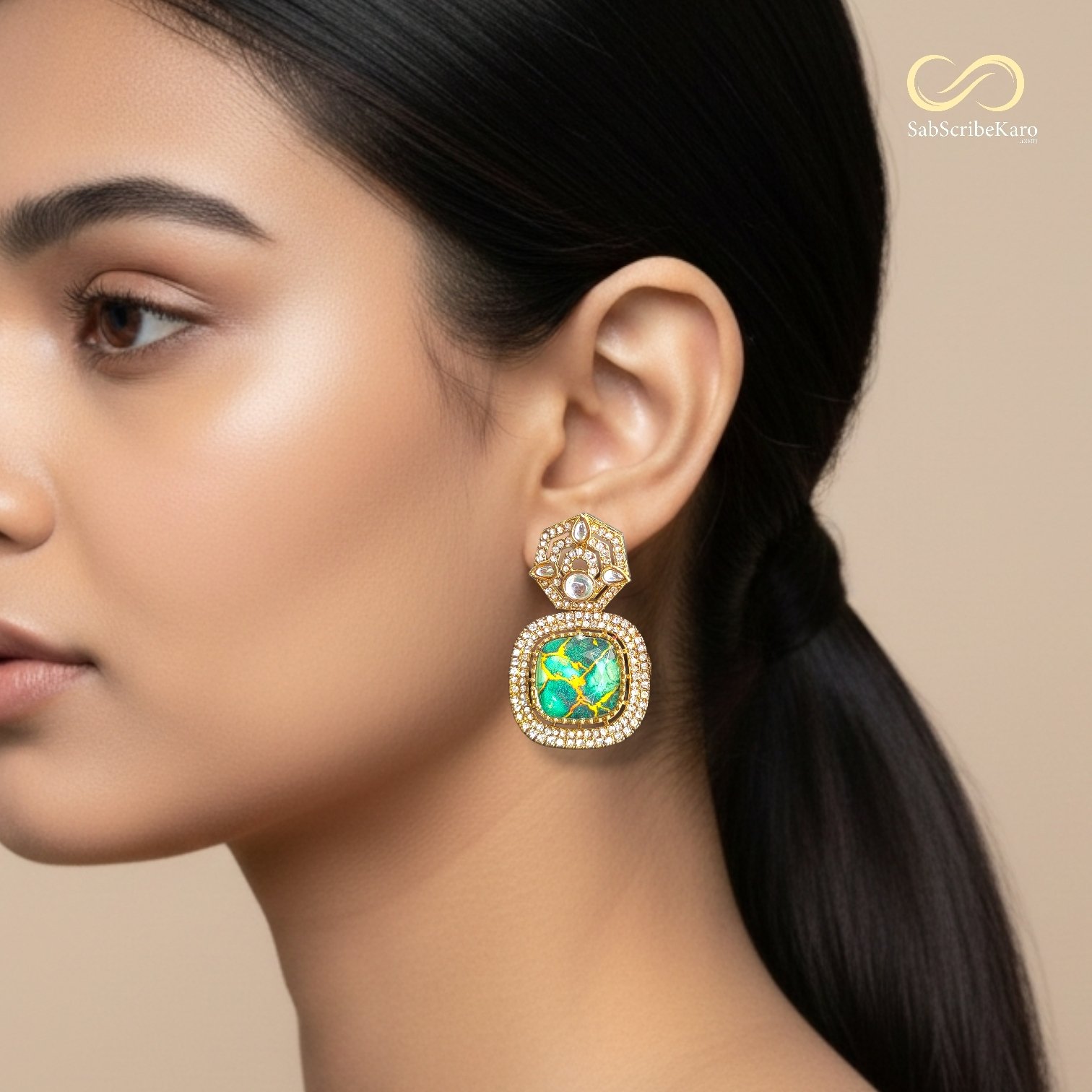 Green Composite Stone Kundan Stud Dangler - Image 2