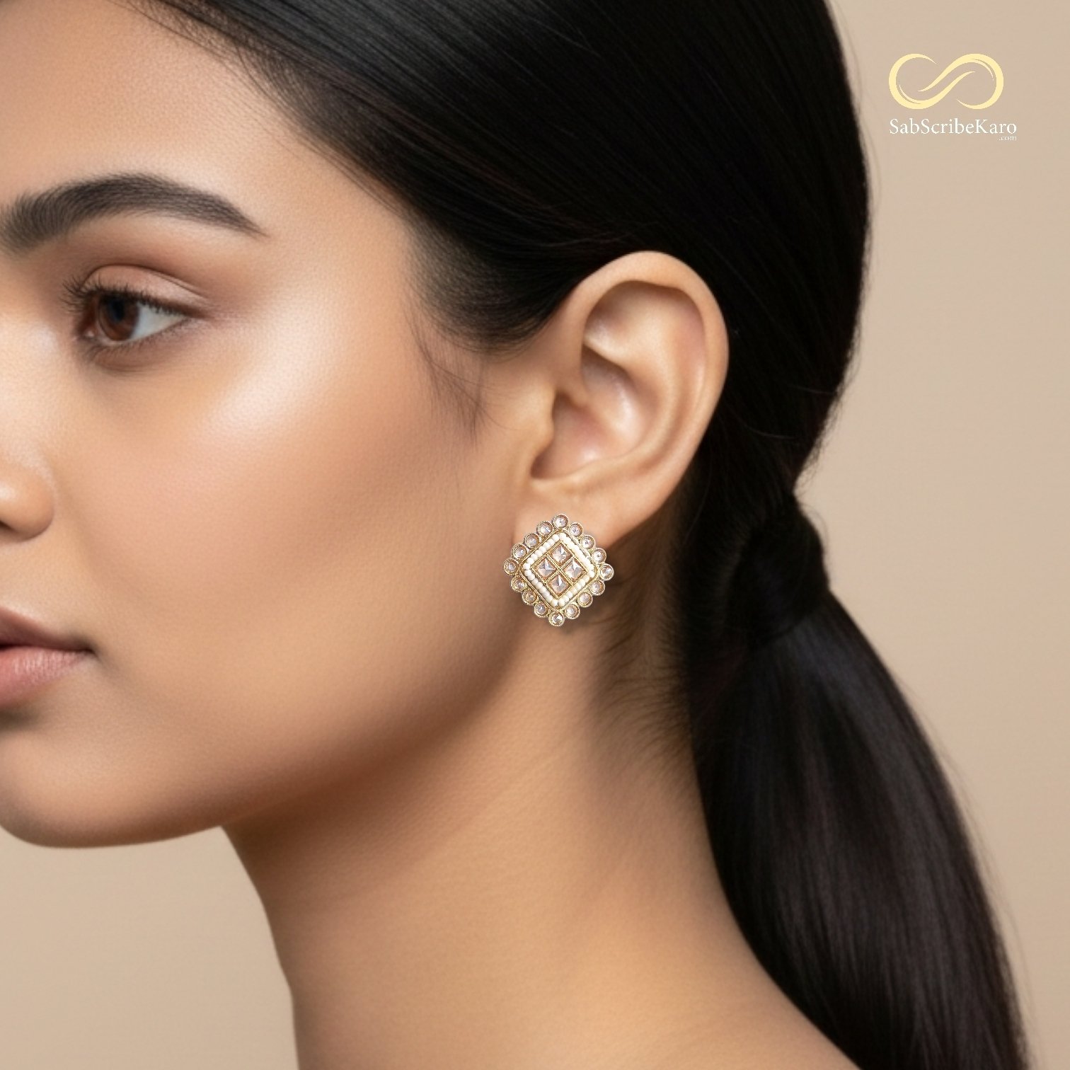 Delicate White Beaded Kundan Studs - Image 2
