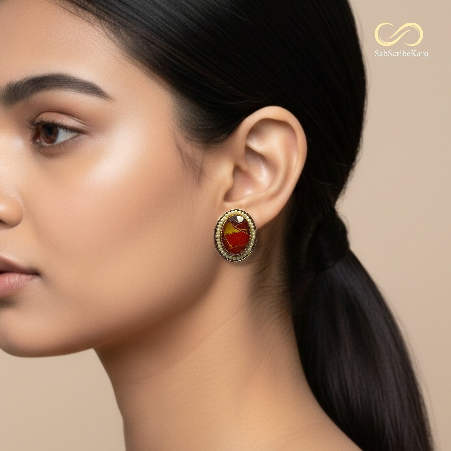 Red and Gold Cracked Stone Stud with Pearl Border - Image 2