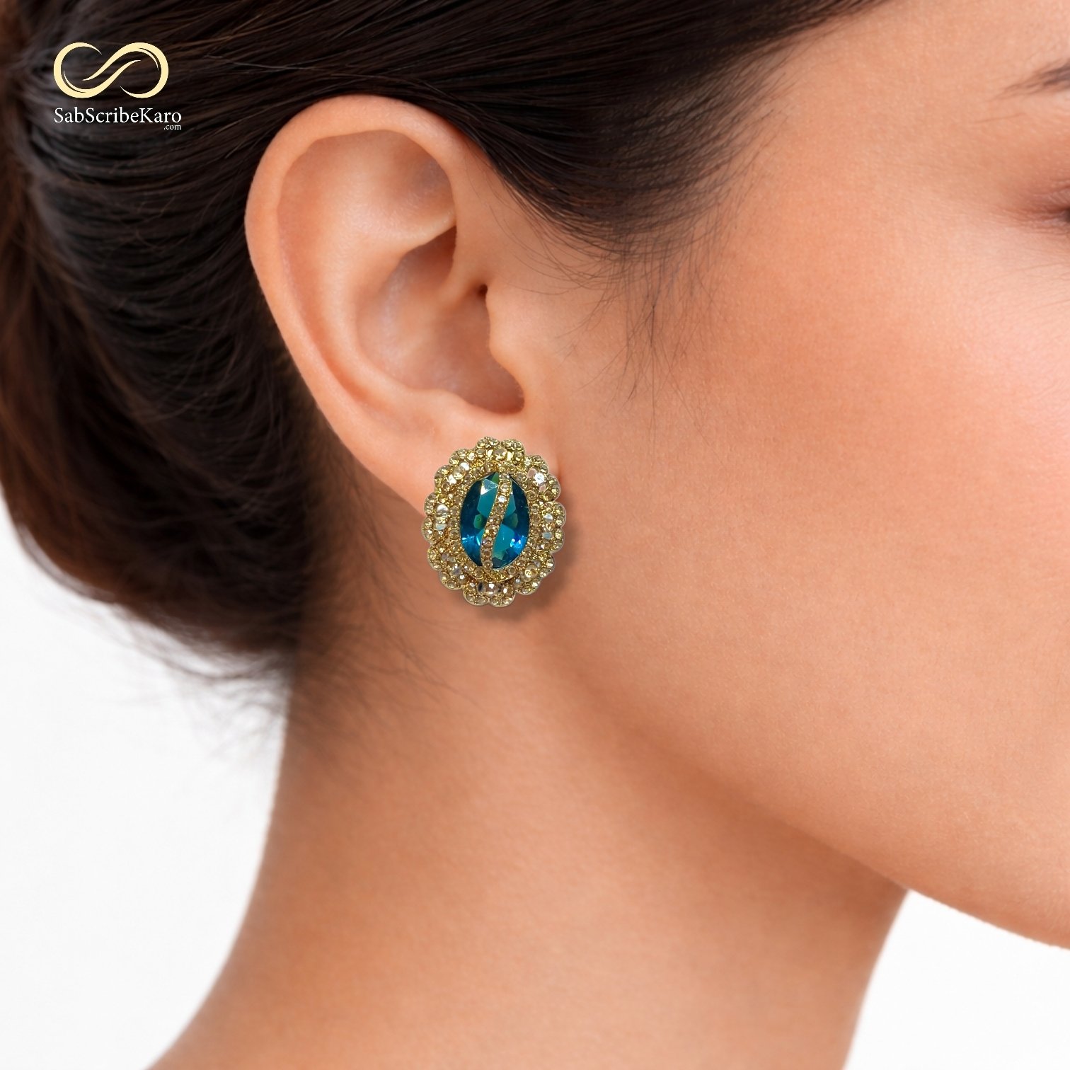 Gold-Toned Cubic Zirconia Blue Stone Stud - Image 2