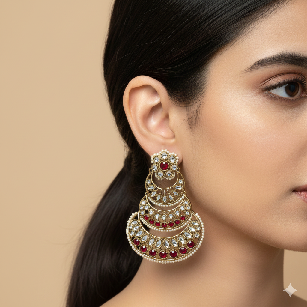 Pink Stone Multi-Tiered Chandbali Dangler - Image 2