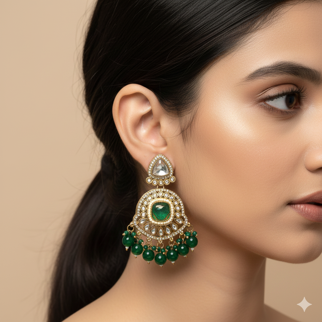 Heavily Beaded Green Ruby Pearl Jhumka Hoops - Image 2