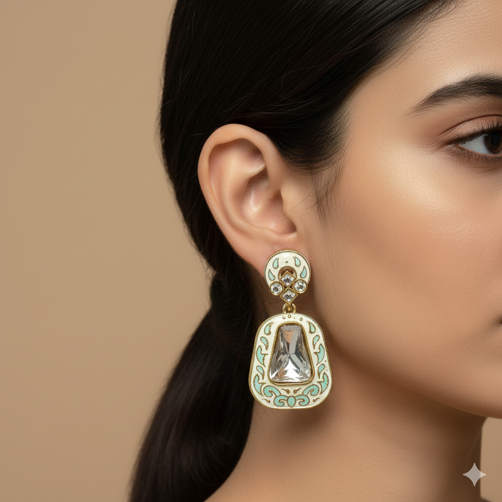 Minimalist Meenakari Drop Earrings with Polki Stone - Image 2