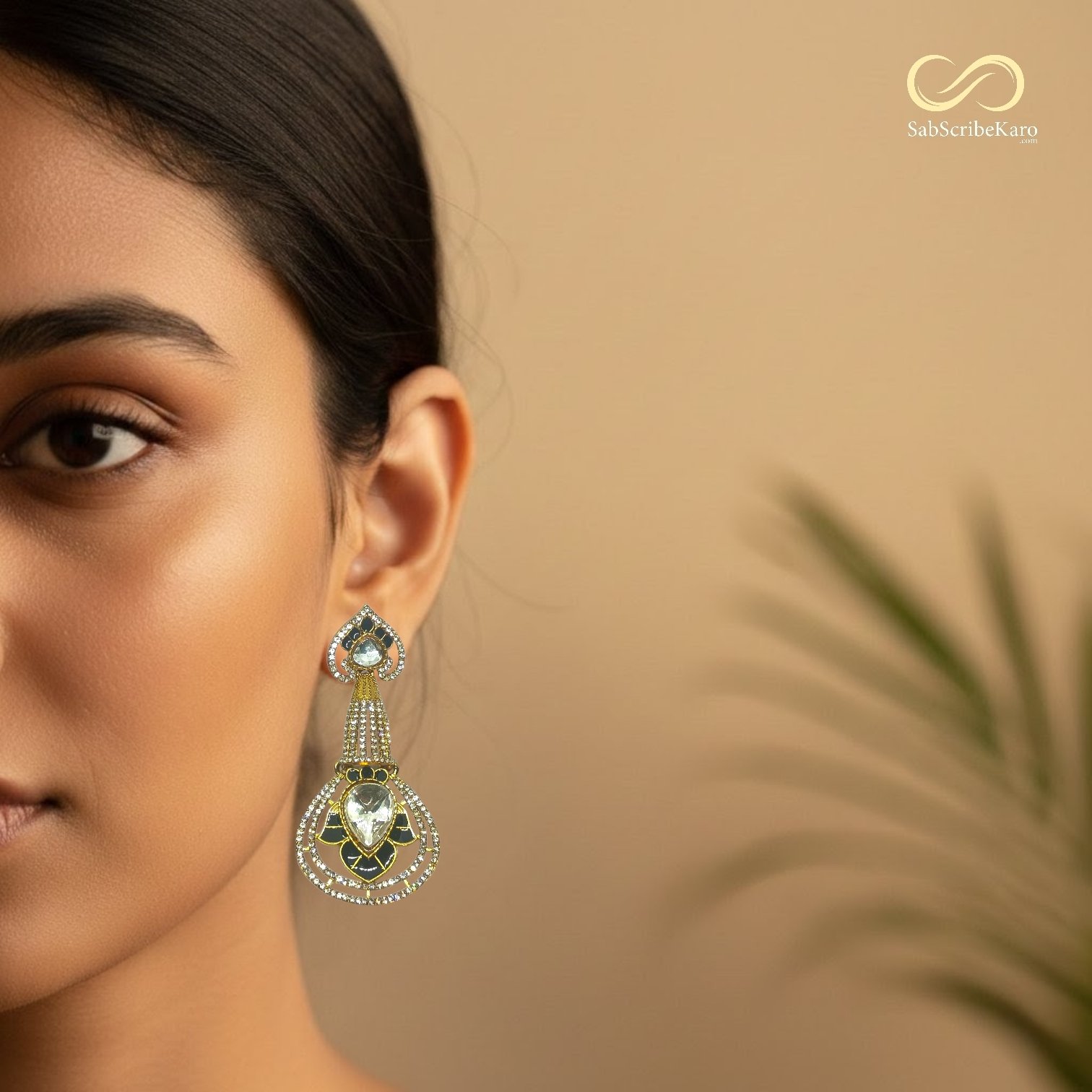 Black Enamel Kundan Drop Dangler - Image 2