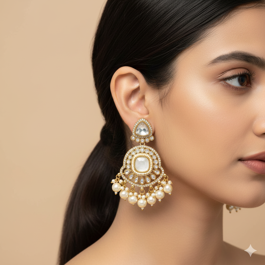 Antique Kundan Jhoomar Drop Earrings with Pearl Danglers - Image 2