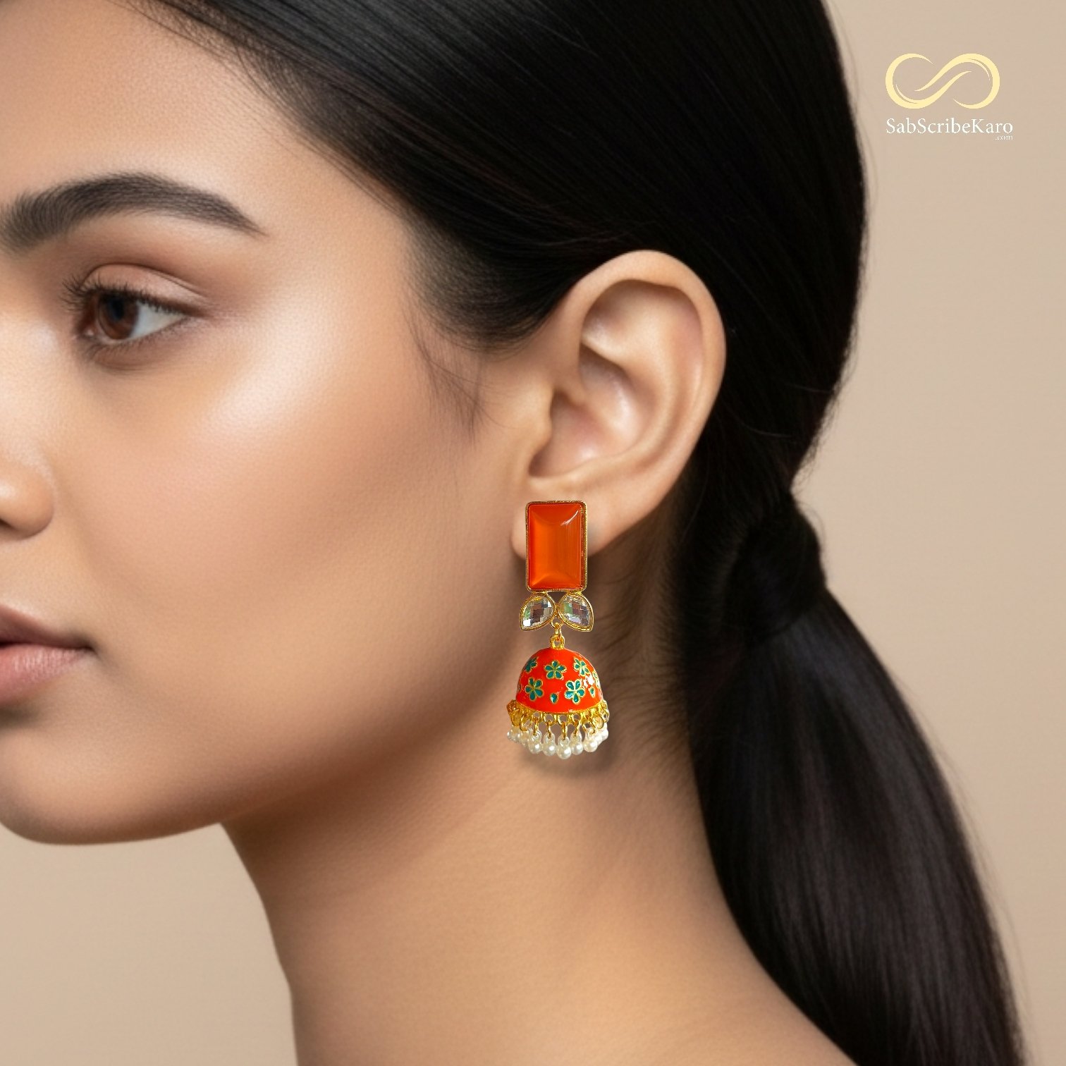 Meenakari Jhumka with Orange Stone Top - Image 2