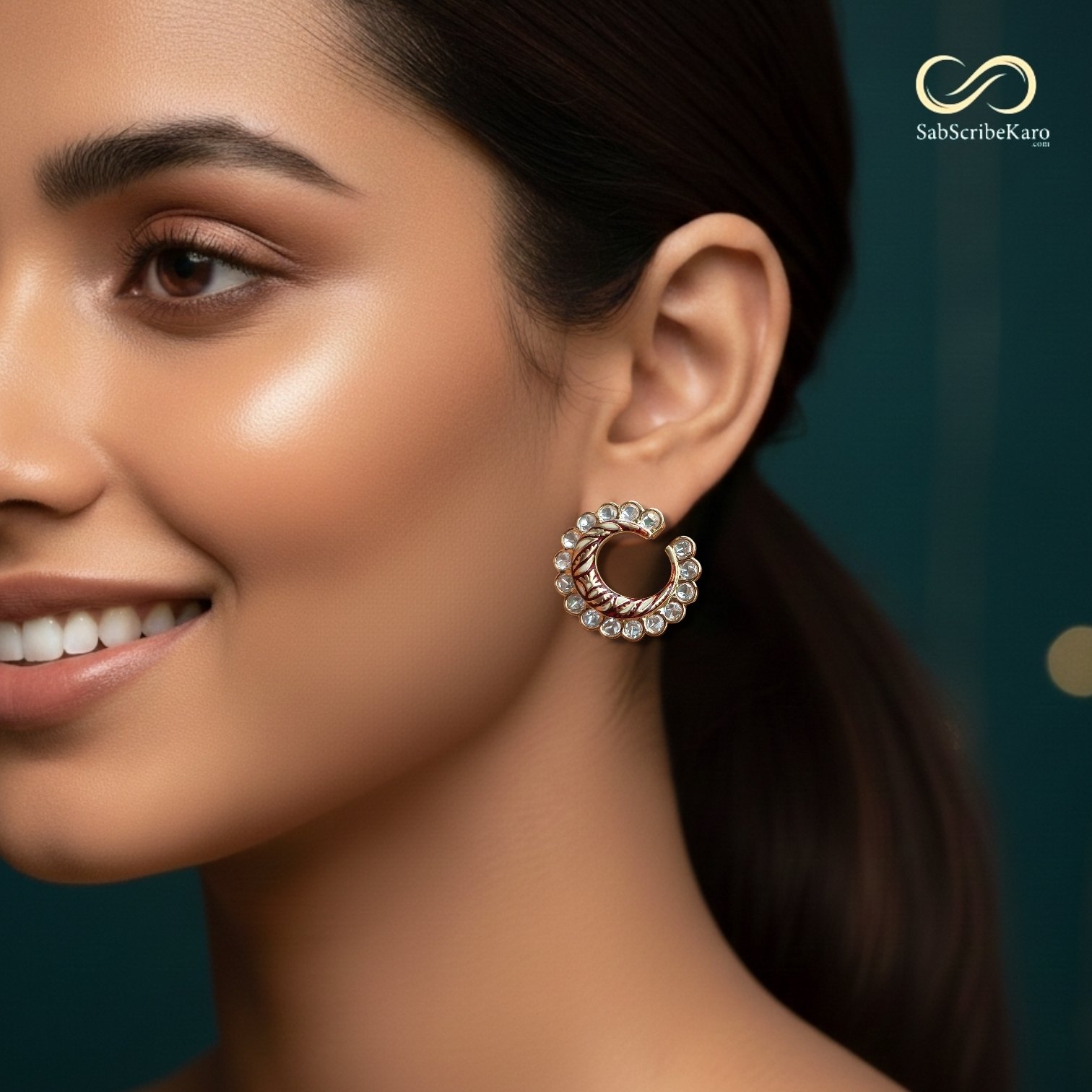 Cresent Meenakari Polki Moissanite Kundan Stud Earrings - Image 2