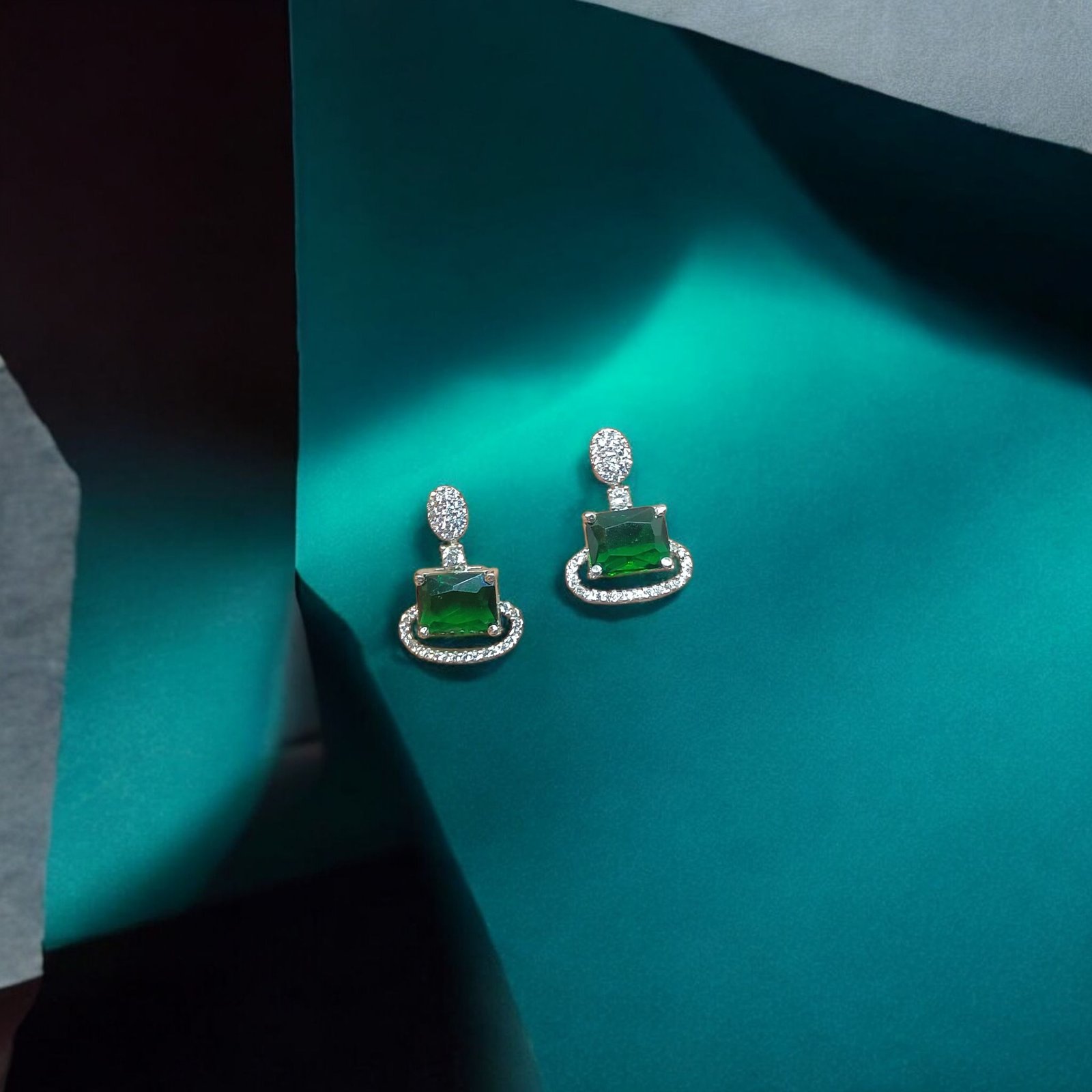 Rose Gold Emerald Cut Green Stone Drop Studs