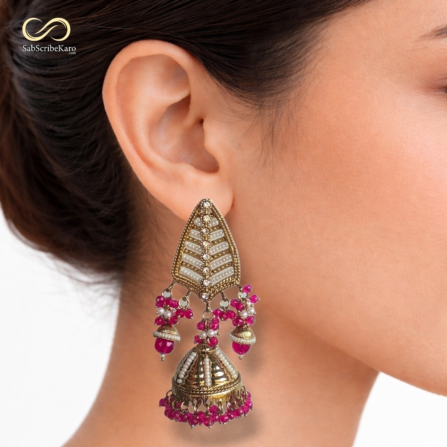 Elegant Gold-Toned Leaf Jhumka with Pink Beads - Image 2