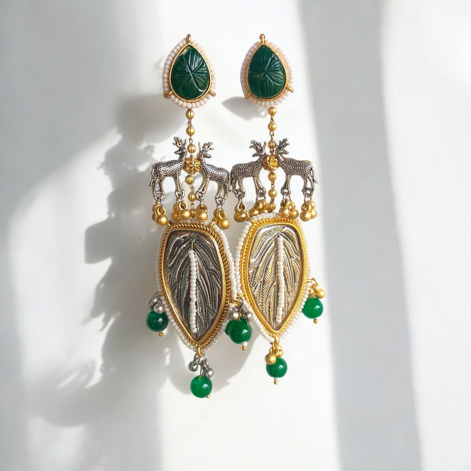 Artisanal Deer Motif Long Dangler with Green Stone Accents
