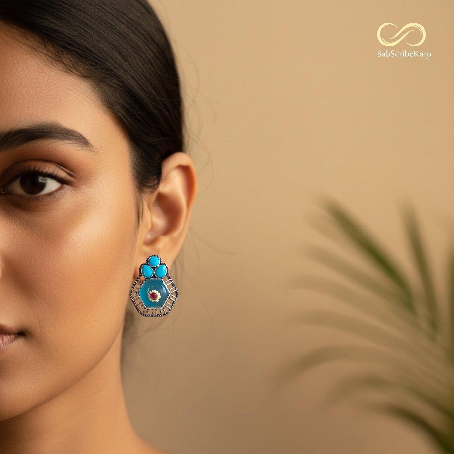 Vintage Hexagonal Oxidised Studs with Turquoise Accents - Image 2