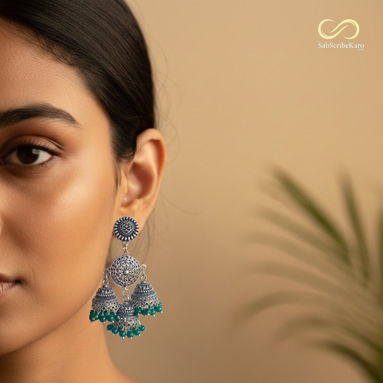 Triple Tier Oxidised Jhumka with Emerald Green Beads - Image 2