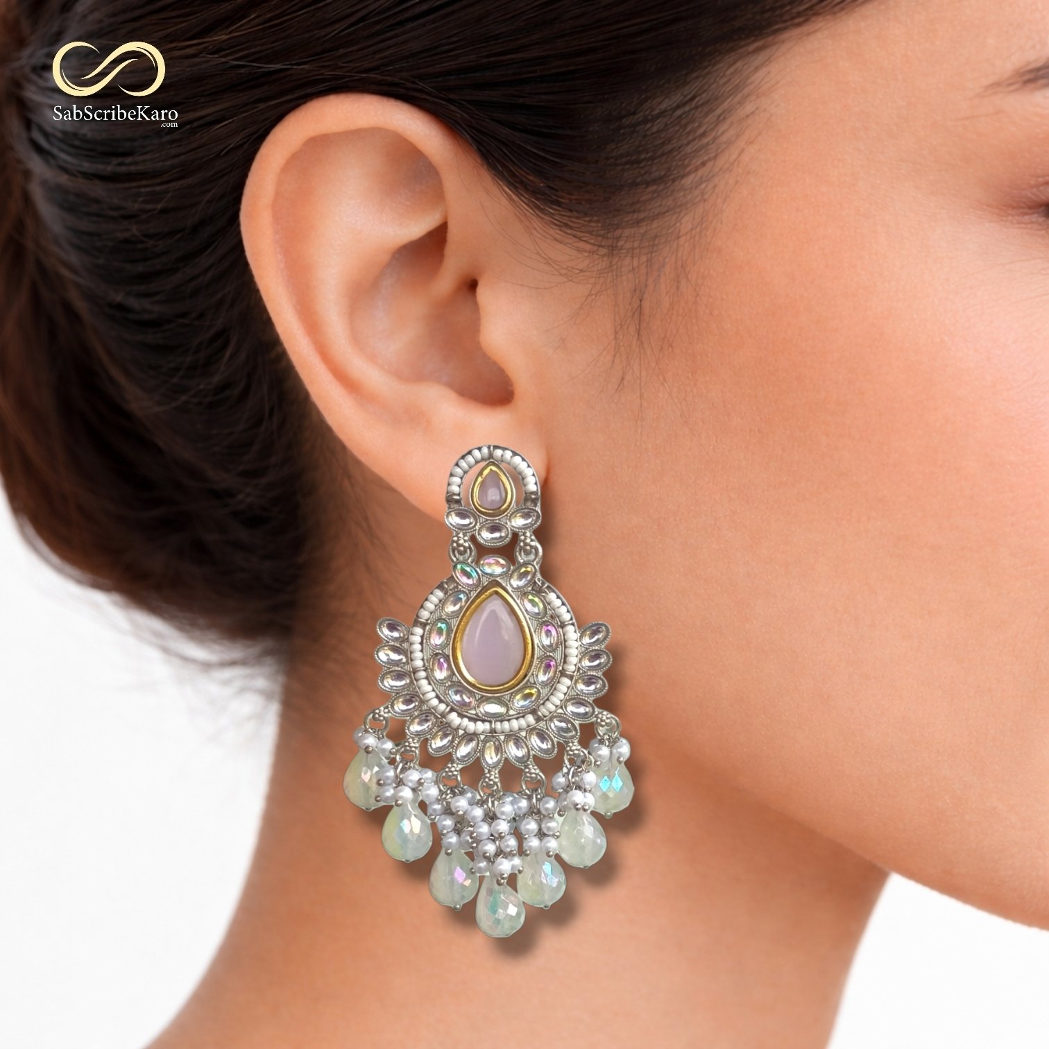Regal Kundan & Pink Stone Danglers - Image 2