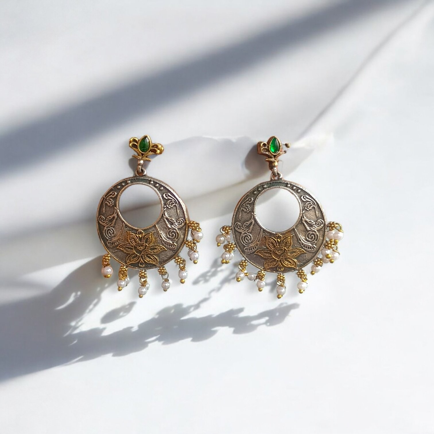 Floral Etched Dual-Tone Crescent Drop Earrings