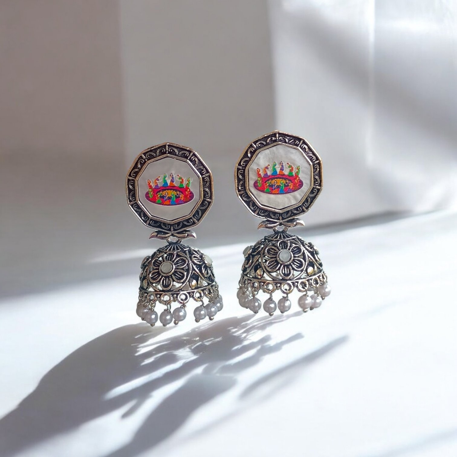 Artistic Folklore Printed Stud Jhumka with Pearls