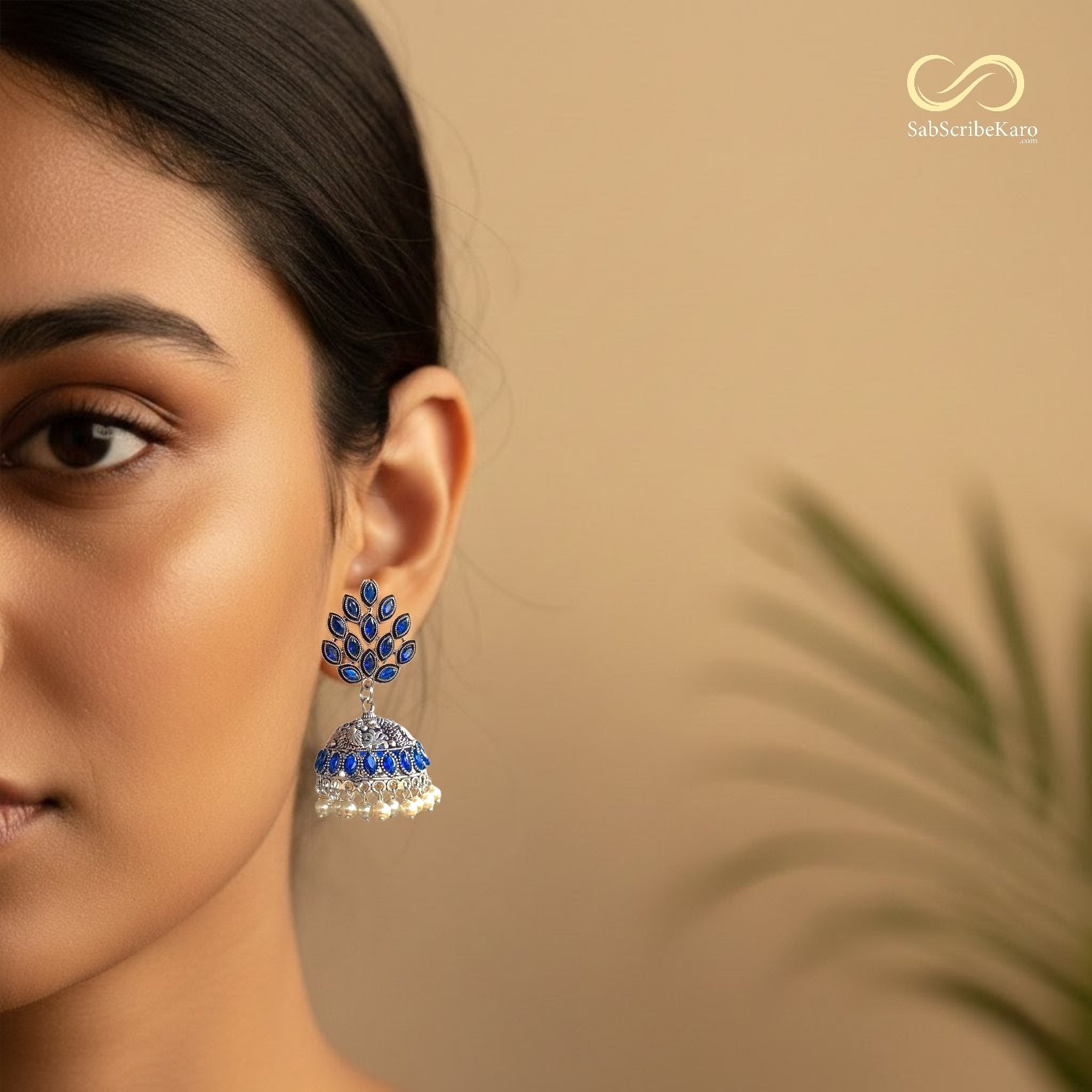 Royal Blue Leaf Jhumka - Image 2